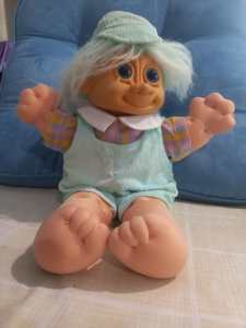 Vintage troll soft body doll, Shirt, corduroy cap and overalls.