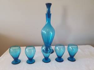 Exquisite Polish blue glass decanter with 5 matching glasses