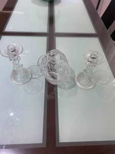 Vintage Bohemian Cut Crystal Basket and 2 candle holders