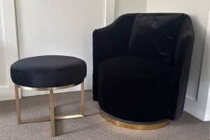 Pair of velvet swivel chairs and footstools