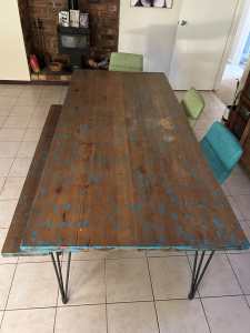 Boatwood dining table, with bench and 3 chairs