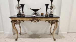 Console Table Antique Silver With Black Granite top