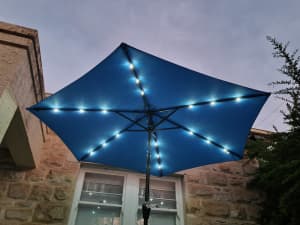 Blue Garden/Pool Umbrella with inbuilt Solar LED Lights and panel.Hand