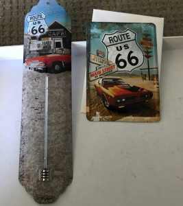Route 66 Thermometer / Route 66 Tin Postcard / US Army Car Plates.