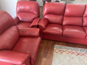 Red Leather 3 Seat Sofa and 2 Recliner Chair