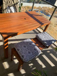 Outdoor table and bench with brand new mojo cushions
