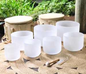 Set of 7 White Crystal Singing Bowls in Beige Bags