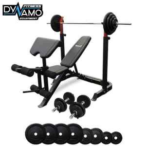 Bench Press with 110kg Barbell Set   Adjustable Dumbbells New In Box
