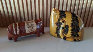 SOLD PENDING X2 Large Retro Vintage 70s Stylized Pottery Cats Figures