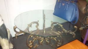 Glass Round Coffee Table with Antique Brass Gold Bronze Stand