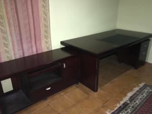 Executive Desk Suite including return, drawers & glass front cupboard