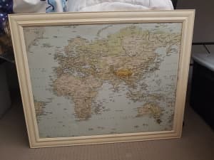 Vintage Framed Cork Pin Board World Map Design Large
