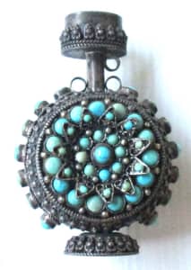 Rare Antique Tibet Silver & Turquoise Snuff Bottle 1920s