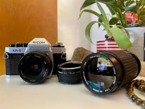 Ricoh KR-5 vintage 35mm film SLR camera. Comes with two lenses.