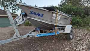 fully equipped fishing Savage tinny with new 15hp Mercury engine 2 str