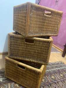 3 Cane/timber storage baskets , 1 cane storage box, & 1 bedside table