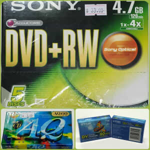 5 x Sony DVD RW 4.7GB 120min Discs Rewriteable & 1 x AQ60 CD Tape New