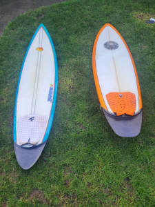 Pair of Jed Done flex tail surfboards