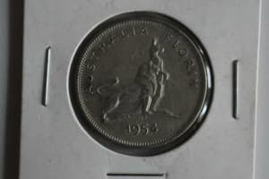 1954 AUSTRALIA FLORIN ROYAL VISIT 50% SILVER COIN CARDED VF