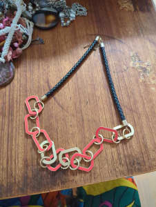 Funky retro 1990s metal and leather necklace