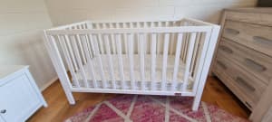 Babyhood Cot converts to Toddler Bed with mattress and sheets