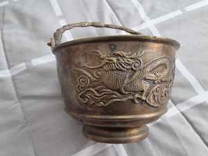 antique solid brass chinese dragon rice pot/cauldron 
