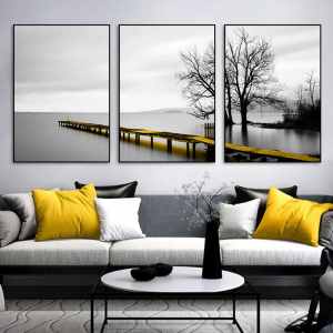 50cmx70cm Calm Lake Bridge Tree Scene 3 Sets Black Frame Canvas W...