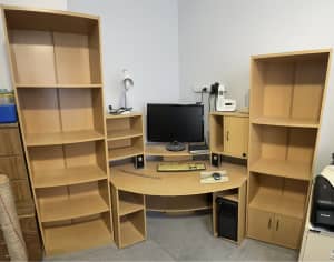 Computer desk & book shelves, suitcases, tv & antenna etc