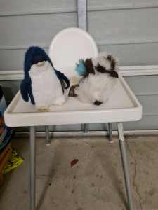 Ikea high chair with 2 new soft toys ( with tags)
