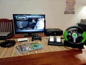 Original Xbox console with Modchip, 1TB HDD, Steering Wheel and TV