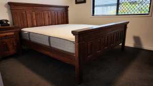 Wooden Bed Frame and side tables- King size with mattress and linen