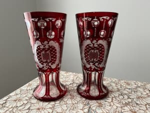 Glass Vases with Etched Ruby Overlay