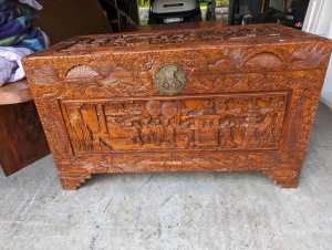 Antique Carved Wood Chest Blanket Box Trunk Rectangular