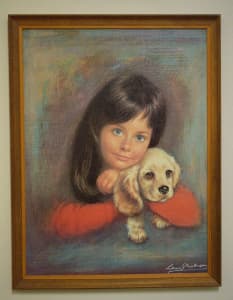 Vintage Louis Shabner Puppy Love Framed Print - Girl with Dog Picture