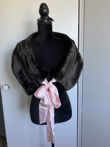 Vallen chocolate brown faux fur shawl wrap with pink satin ribbon
