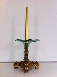 Candle Stick Holder with Candle, Glass & Antique Gold Colour Base