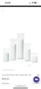 54 White Candles in clear glass (used one time at wedding)