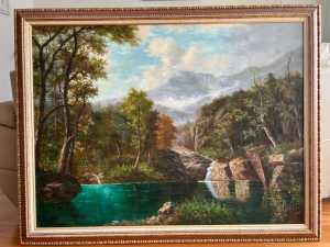 Original landscape painting with intricate wooden frame