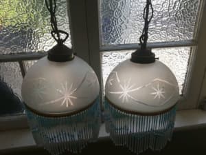 Antique fringed frosted ceiling light shades x 2 matching