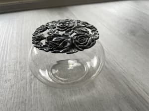 Decorative glass potpourri container with pewter lid