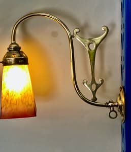 Antique Art Nouveau Gas Light Electrified with Art Glass Shade