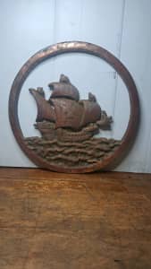 House Plaque Spanish Galleon cast iron w copper guilding great Patina 