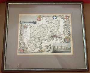 Framed hand-coloured map of Middlesex England, dates from around 1840