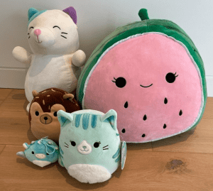 Squishmallow kids bundle - large watermelon, cats, hedgehog, dragon