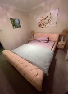 Leather bed, mattress and two side tables