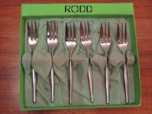 Boxed 6 piece Rodd Contour pattern cake forks 18/8 stainless steel