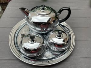 BRITDIS Chrome Tea Set Teapot, Cream, Sugar & Tray