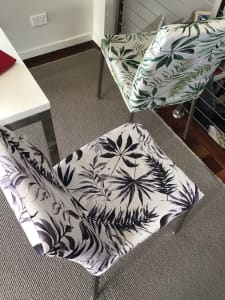 Dining chairs - four - reupholstered in grey and white tropical design