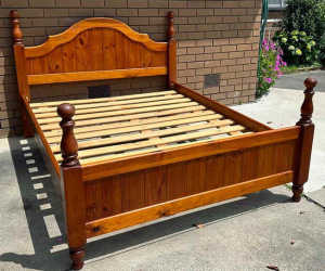 solid timber queen size bed with mattress, $280