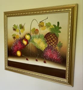 Gold Framed Oil Painting-Fruit in Basket Still Life signed 59cm x 69cm